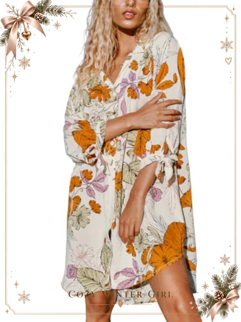 CUPSHE Women's Long Sleeve Floral Buttoned Shirt Dress Casual A-Line